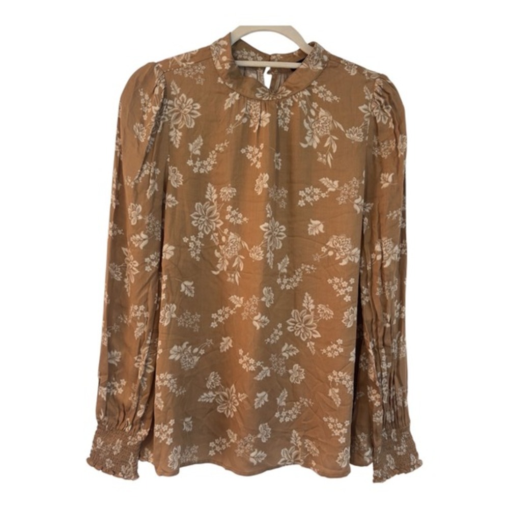 Doe & Rae Womens Floral Mock Neck Blouse Tan Brown Smocked Cuff Long Sleeve Top